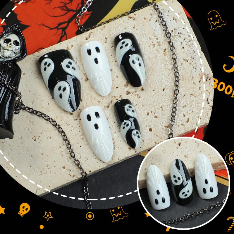 Halloween Press on Nails Medium Almond Ghost 3D False Nails 30Pcs