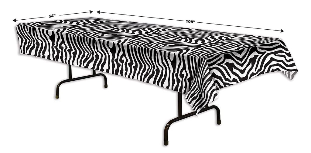 Beistle Plastic Disposable Rectangular Zebra Print Table Cover Bachelorette Birthday Party Supplies and Tableware, 54"x108", Black, White