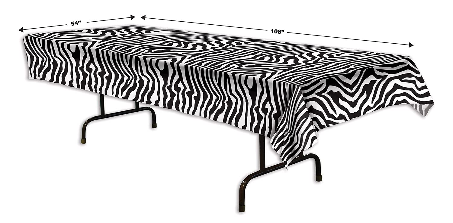 Beistle Plastic Disposable Rectangular Zebra Print Table Cover Bachelorette Birthday Party Supplies and Tableware, 54"x108", Black, White