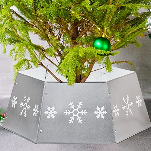 Metal Christmas Tree Ring with Snowflake Print - Silver Tree Collar Stand, 26.6-inch