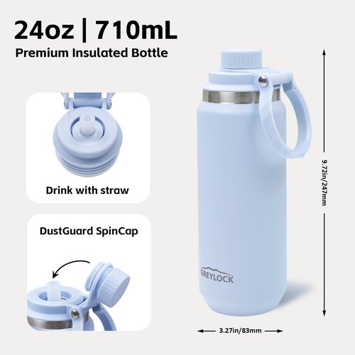 GREYLOCK 24 oz Insulated Water Bottle with Straw Lid, Leakproof Reusable Stainless Steel Vacuum Flask, 24hr Cold & Hot, Carry Handle & Silicone Spout, BPA-Free for Gym, Hiking, Travel,Blue