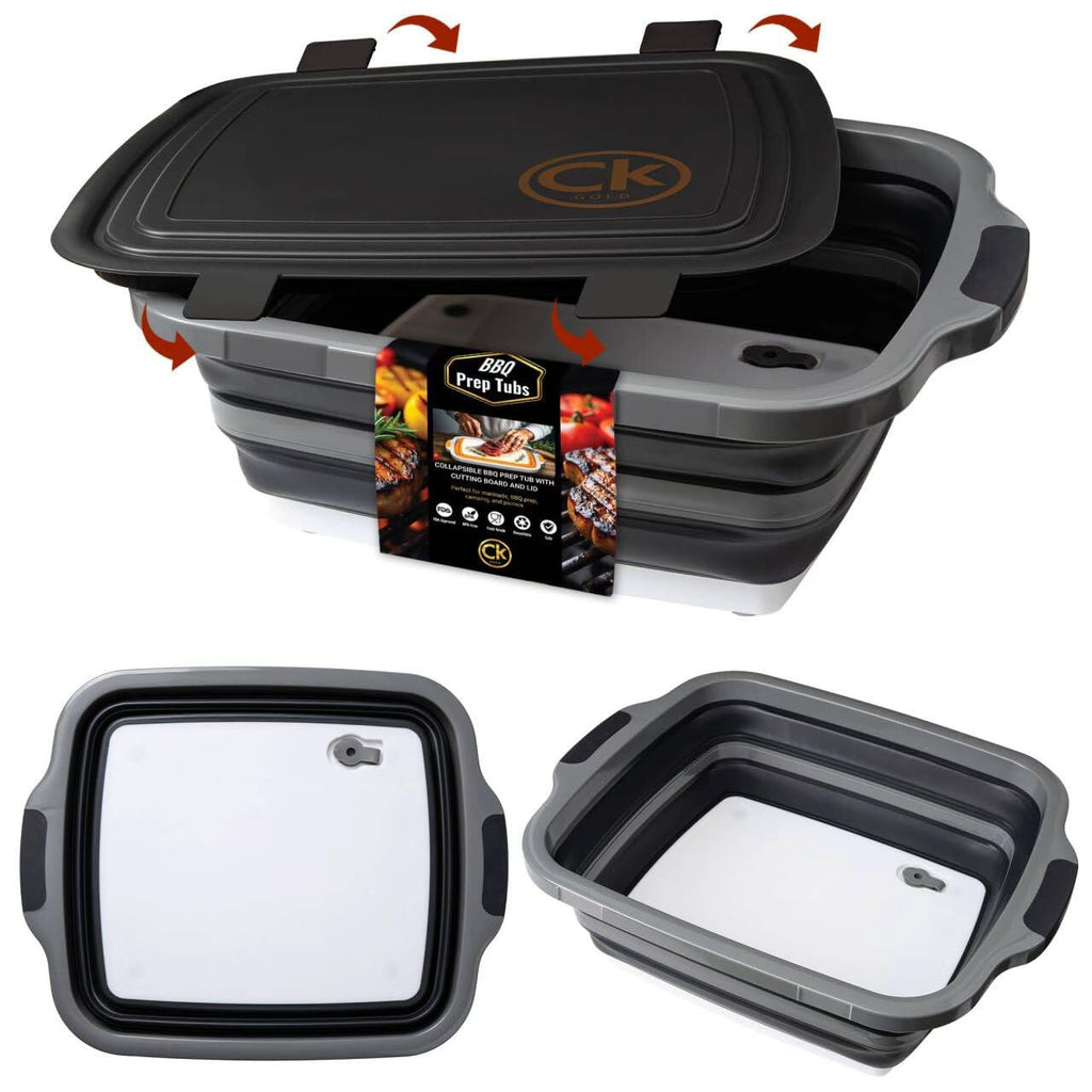CK GOLD New XL Collapsible BBQ Prep Tub with LOCKING Lid, Cutting Board & Drain Hole | BPA-Free, Food-Grade, Space-Saving Marinating Container for Grilling, Kitchen & Outdoor Cooking (Black, 30 L)