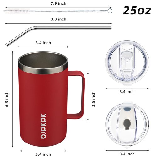 BJPKPK Insulated Coffee Mug with 2 Lids, 25oz Stainless Steel Insulated Tumbler with Handle, Double Wall Vacuum Coffee Cups, BPA Free Travel Mug for Coffee, Tea and Drinks, Red