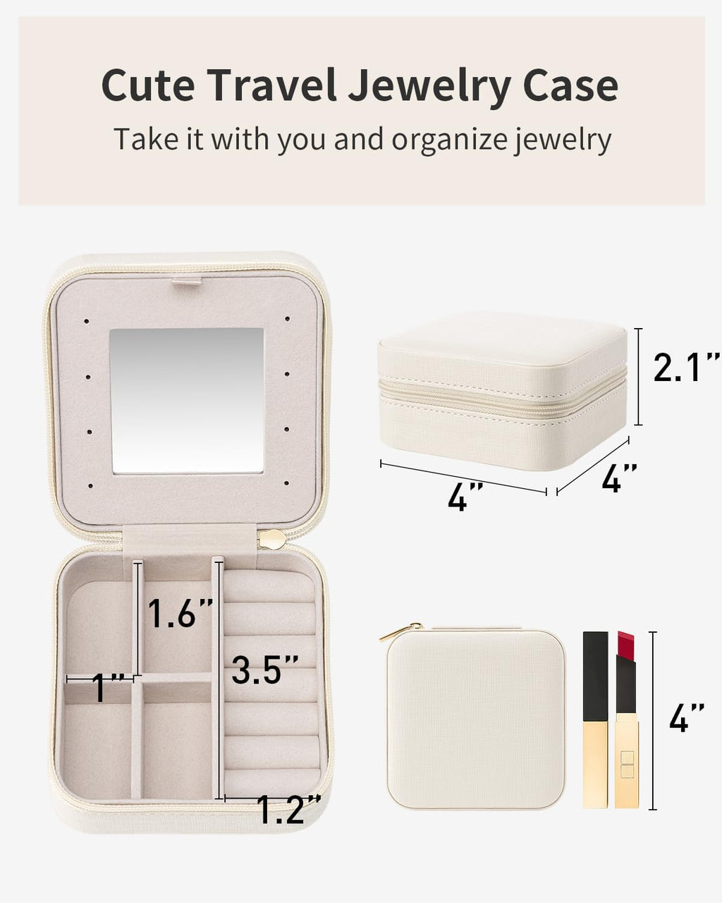 VLANDO Bridesmaid Gifts - Small Travel Jewelry Box Organizer - Wedding Gifts for Girls Women Rings Earrings Necklaces Storage with Mirror - Milky White