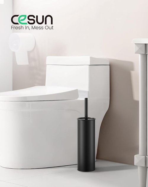 Cesun Toilet Brush Set - Curved Design for Deep Cleaning Under Rim | 304 Stainless Steel, Black, 2 Replaceable Heads