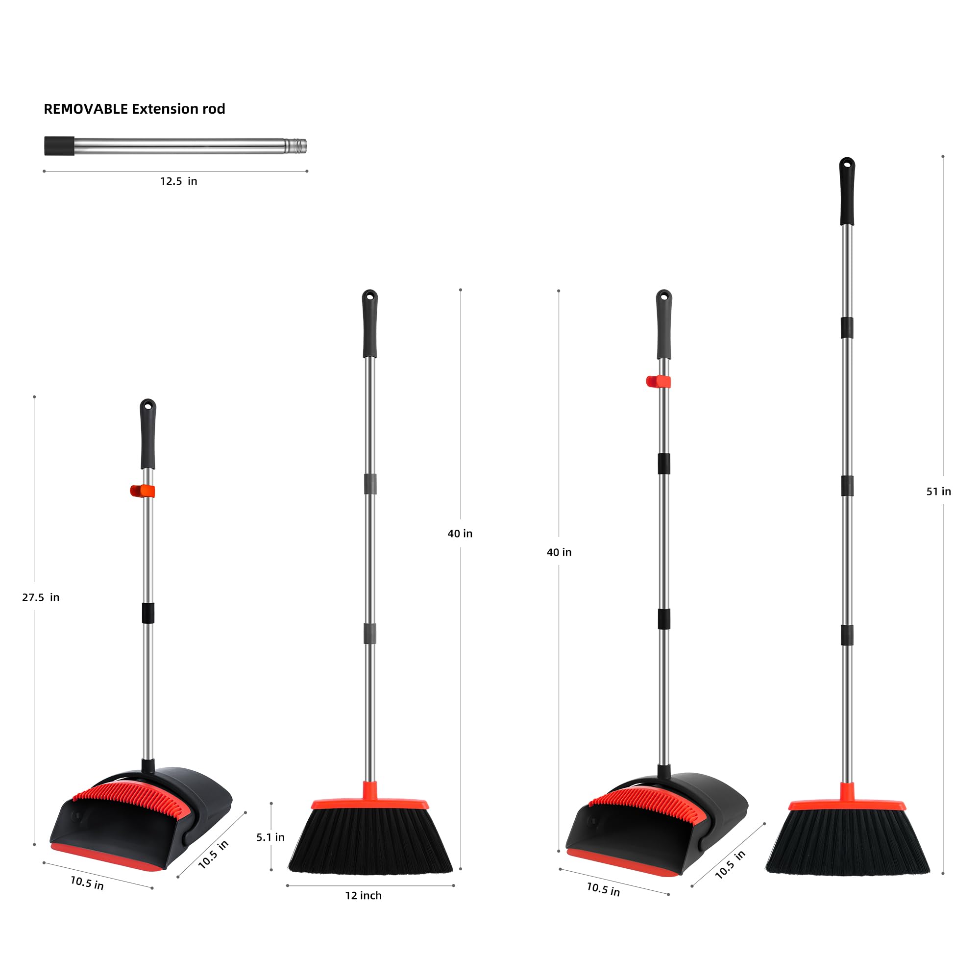BSKLIN Broom and Dustpan Set for Home, 52" Long Handle Standing Broom Set with Dustpan Self-Cleaning Teeth for Hair Removal Heavy Duty Indoor Outdoor Sweeping Kit for Kitchen Garage (Black)