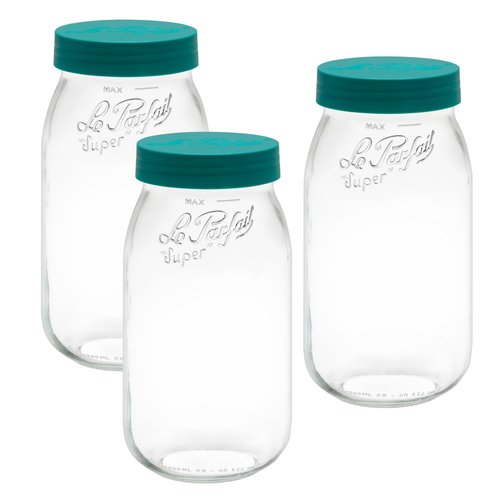 Le Parfait Screw Top Jar Wide Mouth French Glass Jar | Ideal for Food and Soup Storage, Canning, Flour, Brown Sugar, and other Baking Supplies (2L/64oz, Pack of 3, Pine)