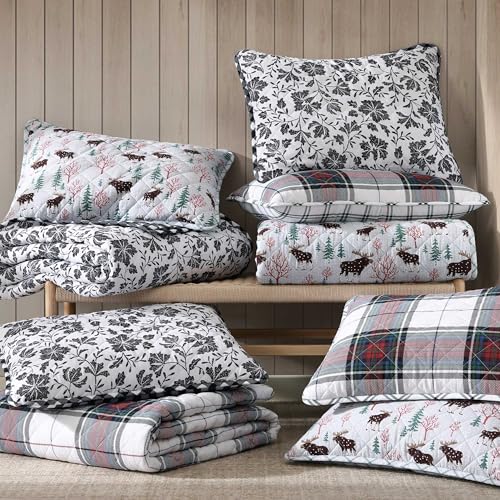 Eddie Bauer - Twin Quilt Set, Cotton Flannel Bedding with Matching Sham, Rounded Corners, Diamond Corner Stitch, Dorm Essentials (Woodblock Floral Black)