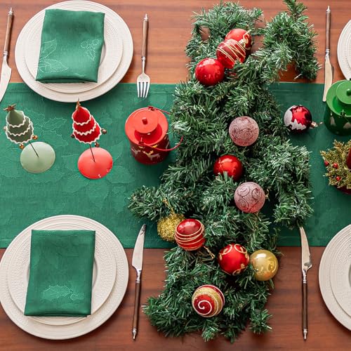 Joyfol Day Christmas Table Runner Waterproof Jacquard Poinsettia 14x36 Inch - Green