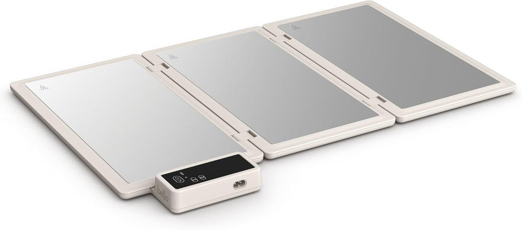 Bella Fold & Store Warming Tray - Adjustable Temperature & Timer, 24.8” to 8.3” Wide, Auto Shutoff, Stainless Steel, Oatmilk