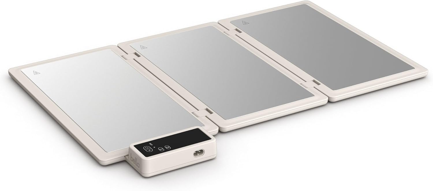 Bella Fold & Store Warming Tray - Adjustable Temperature & Timer, 24.8” to 8.3” Wide, Auto Shutoff, Stainless Steel, Oatmilk