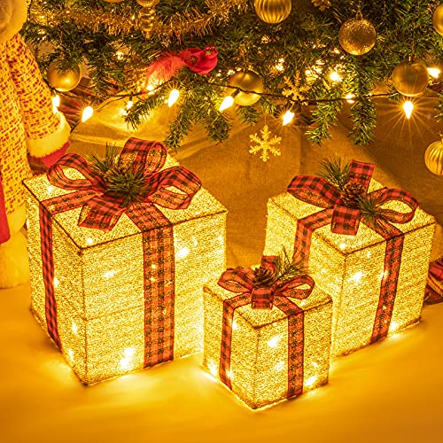 Lighted Christmas Gift Box Set - 3 Decorative LED Holiday Boxes with 8 Modes