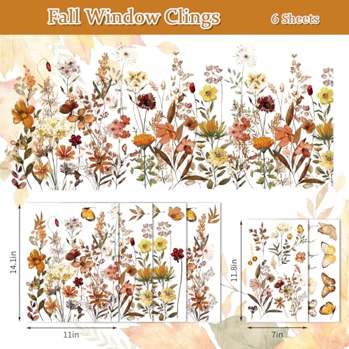 Fall Wildflower Window Clings - 6 Sheets Vintage Floral Decals