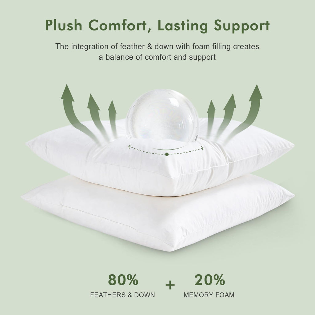 TOPGREEN Feathers Down Throw Pillow Inserts 28x28, Set of 2, 100% Organic Cotton Shell, Soft Decorative Euro Pillow Insert for Living Room Sofa, Couch, or Bed (White)