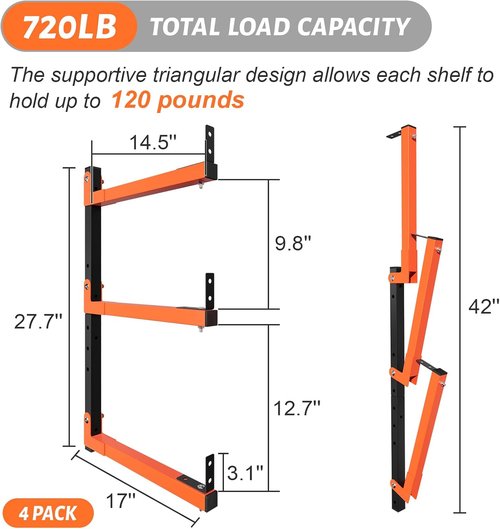 27" Lumber Storage Rack by [Brand Name] - Adjustable 6-Hole Wall Mount Metal Organizer for Garage (4 Pack)