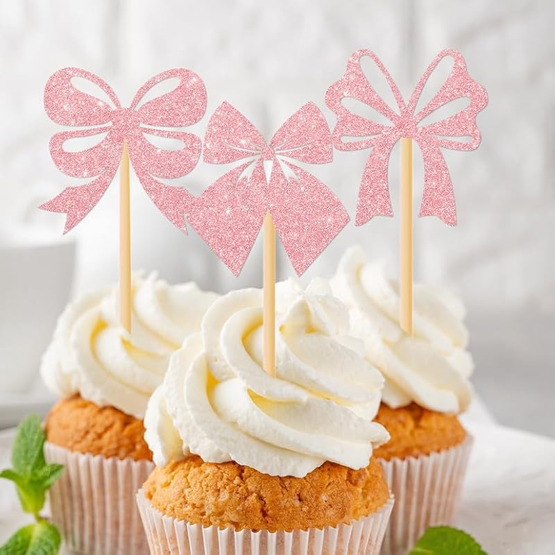 24 PCS Bow Cupcake Toppers for Birthday Party Decorations