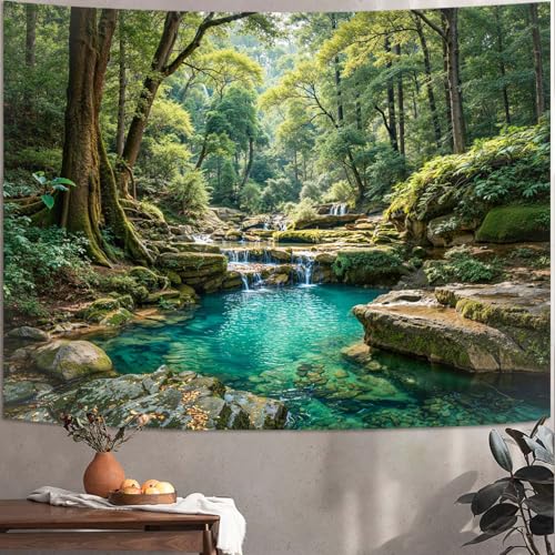 Zussun Nature Forest Tapestry, Teal Pool Landscape Wall Hanging 48x36