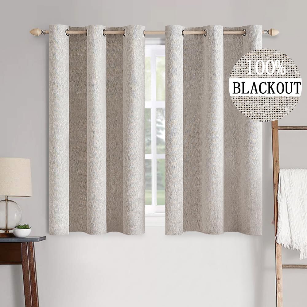 MIULEE 100% Blackout Linen Textured Curtains - Thermal Insulated Ivory Drapes for Bedroom | 42 x 63 Inch (2 Panels)