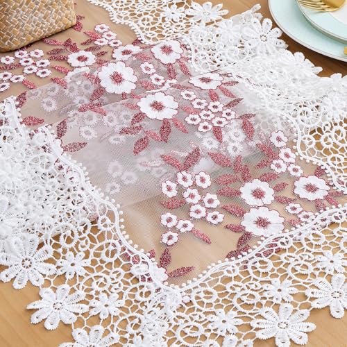 Dark Red Lace Table Runner 16x72 Inches Embroidered Dresser Scarf - Elegant Home Decor