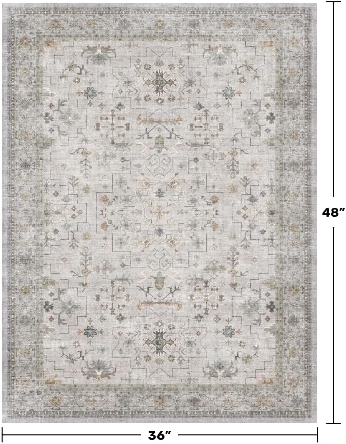 Regine Switzerland Large Boho Bathroom Rug - Washable Low Pile Floral Design in Light Grey
