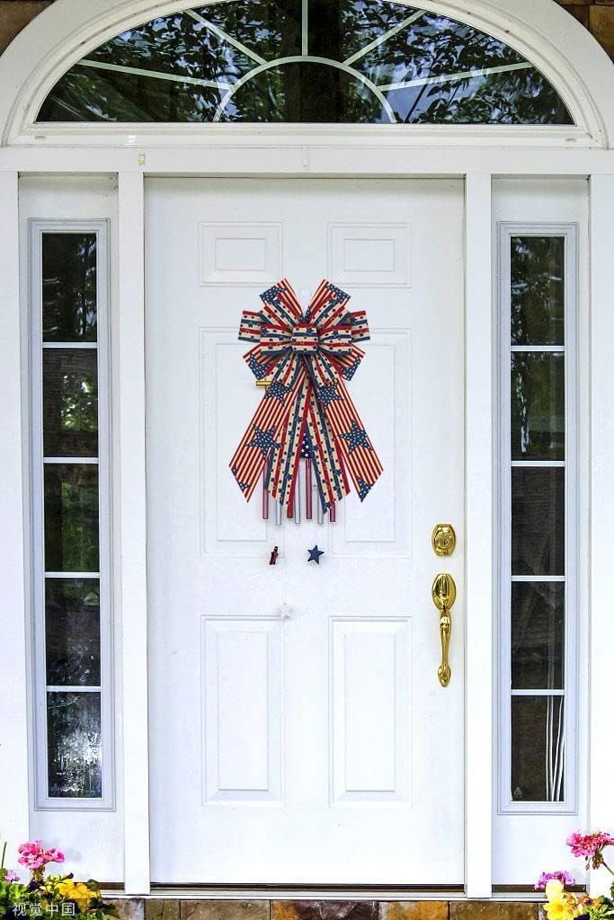 Patriotic Bows by [Brand Name] - Large 4th of July Wreath Bows with American Stars & Stripes for Front Door Decor