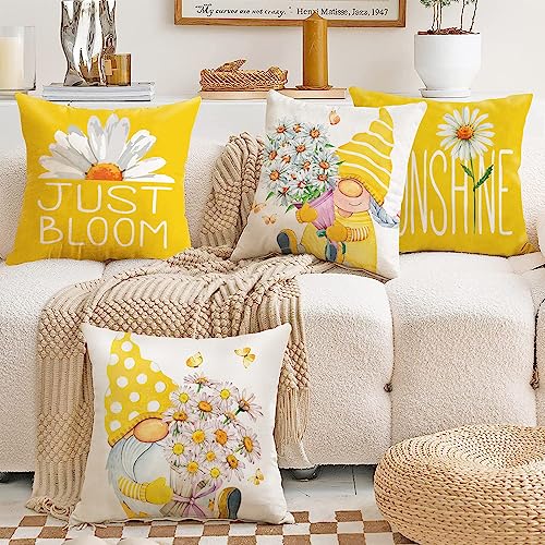 Yellow Outdoor Throw Pillow Covers 18x18 (Set of 4) - Daisy Floral Gnomes