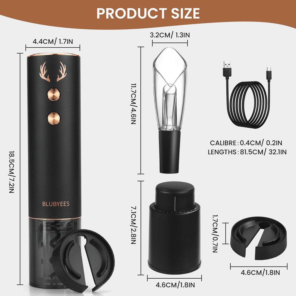 BLUBYEES 4-in-1 Rechargeable Electric Wine Opener Set - Automatic Corkscrew, Foil Cutter, Aerator Pourer, Vacuum Stopper - Wine Lovers Gifts for Women and Men