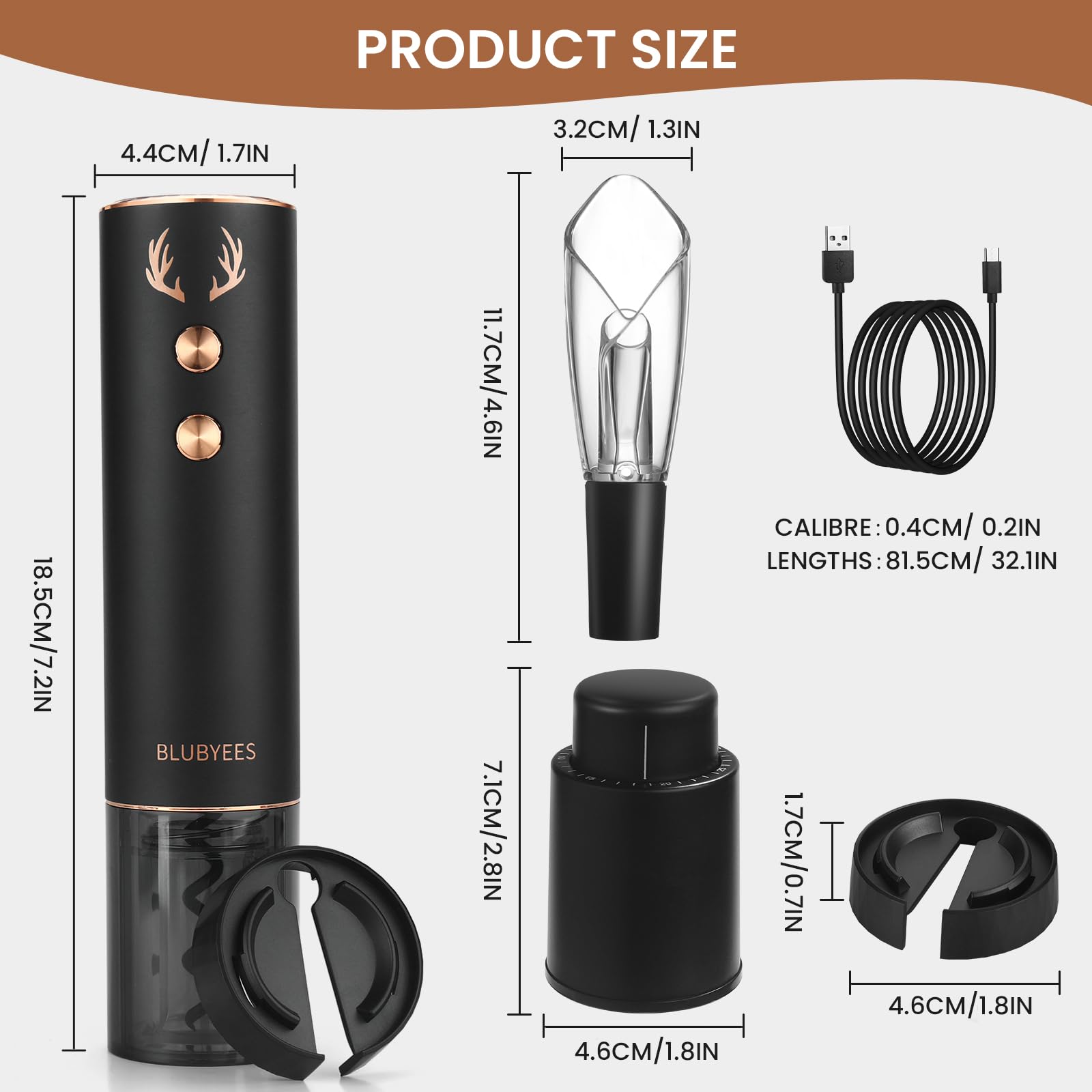 BLUBYEES 4-in-1 Rechargeable Electric Wine Opener Set - Automatic Corkscrew, Foil Cutter, Aerator Pourer, Vacuum Stopper - Wine Lovers Gifts for Women and Men