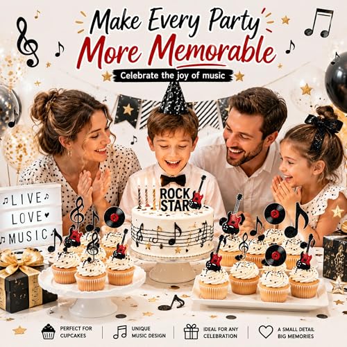Music Note Cupcake Toppers Set - 12 Glitter Decorations for Parties