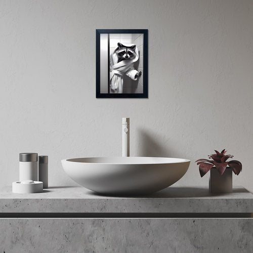 Farmhouse Bathroom Decor | Raccoon Wall Art - Cute Black and White Canvas Print with Bathrobe Design