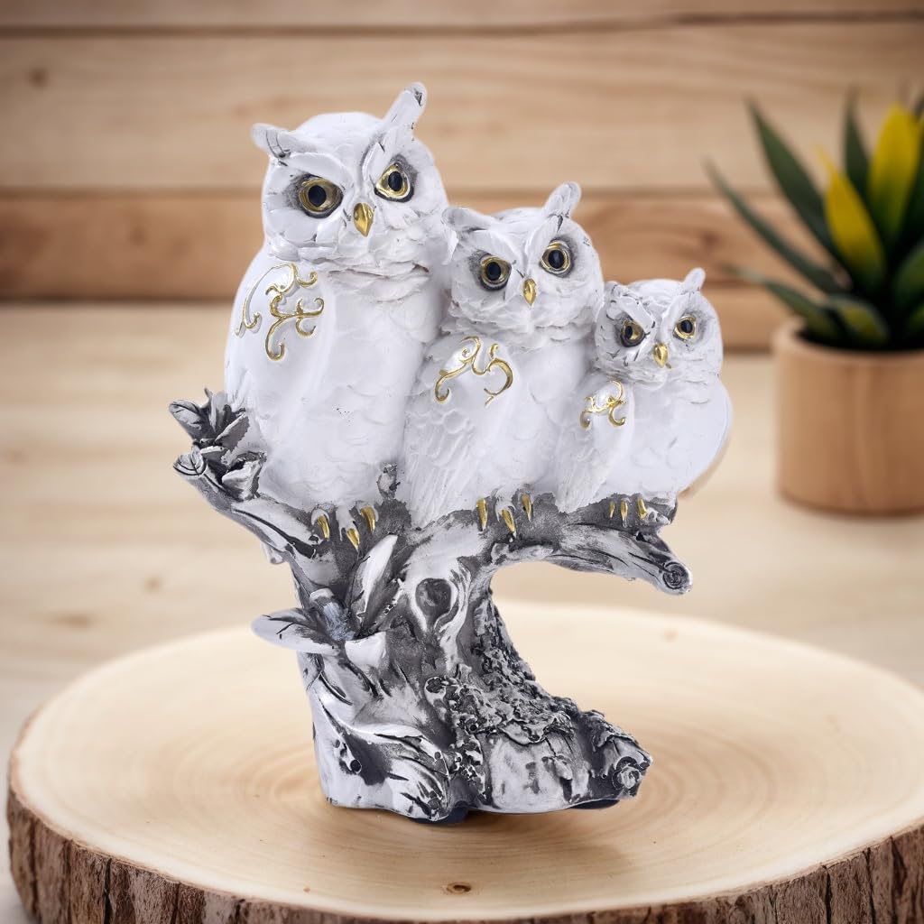 Skiennix Realistic Three Owls Figurine - Vintage Resin Statue for Home Decor | Indoor Table Accent (White)