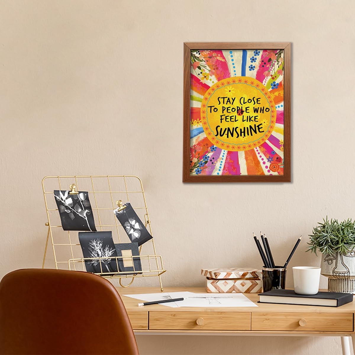 YEOION Inspirational Quote Wall Art - "Stay Close to People Who Feel Like Sunshine" | Canvas Print with Imitation Wood Metal Frame for Girls' Bedroom Decor