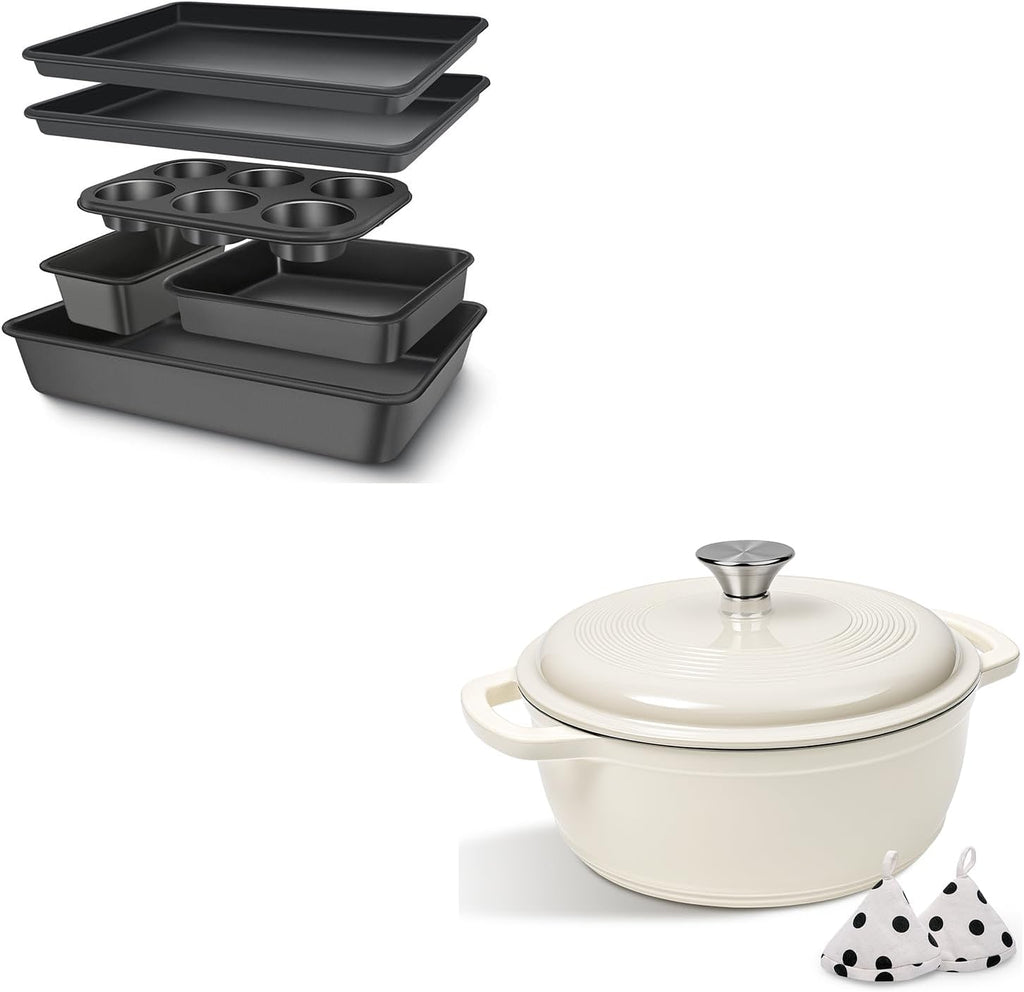 Skiennix 6-Piece Baking Pans Set - Durable Cast Iron Dutch Oven Pot with Lid, 5QT, Oven Safe