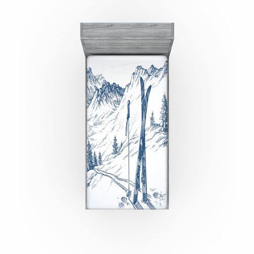 Ambesonne Winter Fitted Sheet, Sketchy Graphic of a Downhill Ski Elements in Snow Relax Calm View, Soft Decorative Fabric Bedding All-Round Elastic Pocket, Twin Size, White Blue
