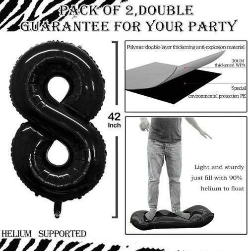 GOER Black Foil Number 8 Balloons - Huge 42" & 32" Birthday Party Decorations | 3-Piece Set