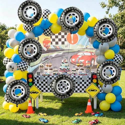 30-Inch Race Car Tire Balloons - 6 Pack Checkered Foil Wheel Decorations
