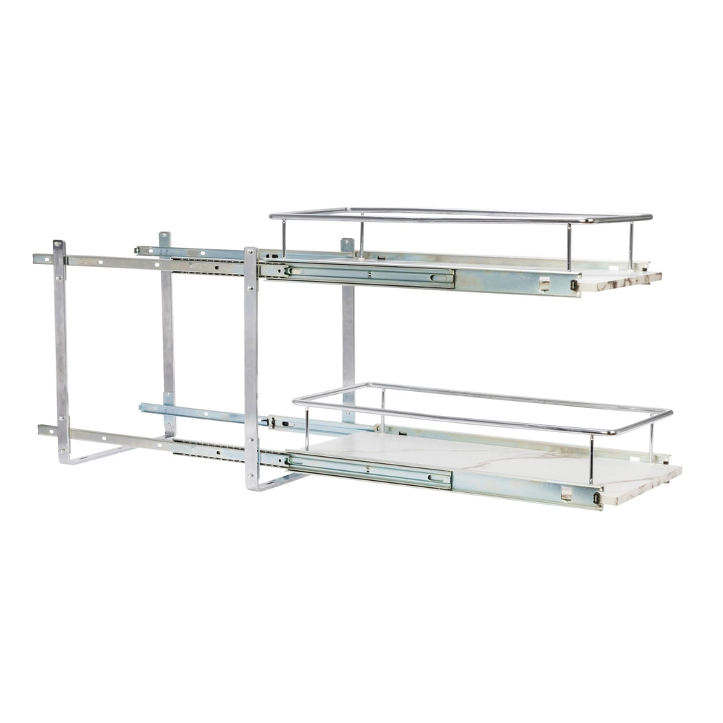 Household Essentials Glidez Chrome-Plated Steel and Faux Marble 2-Tier Pull-Out/Slide-Out Storage Organizer, 11.25" Wide, White and Chrome