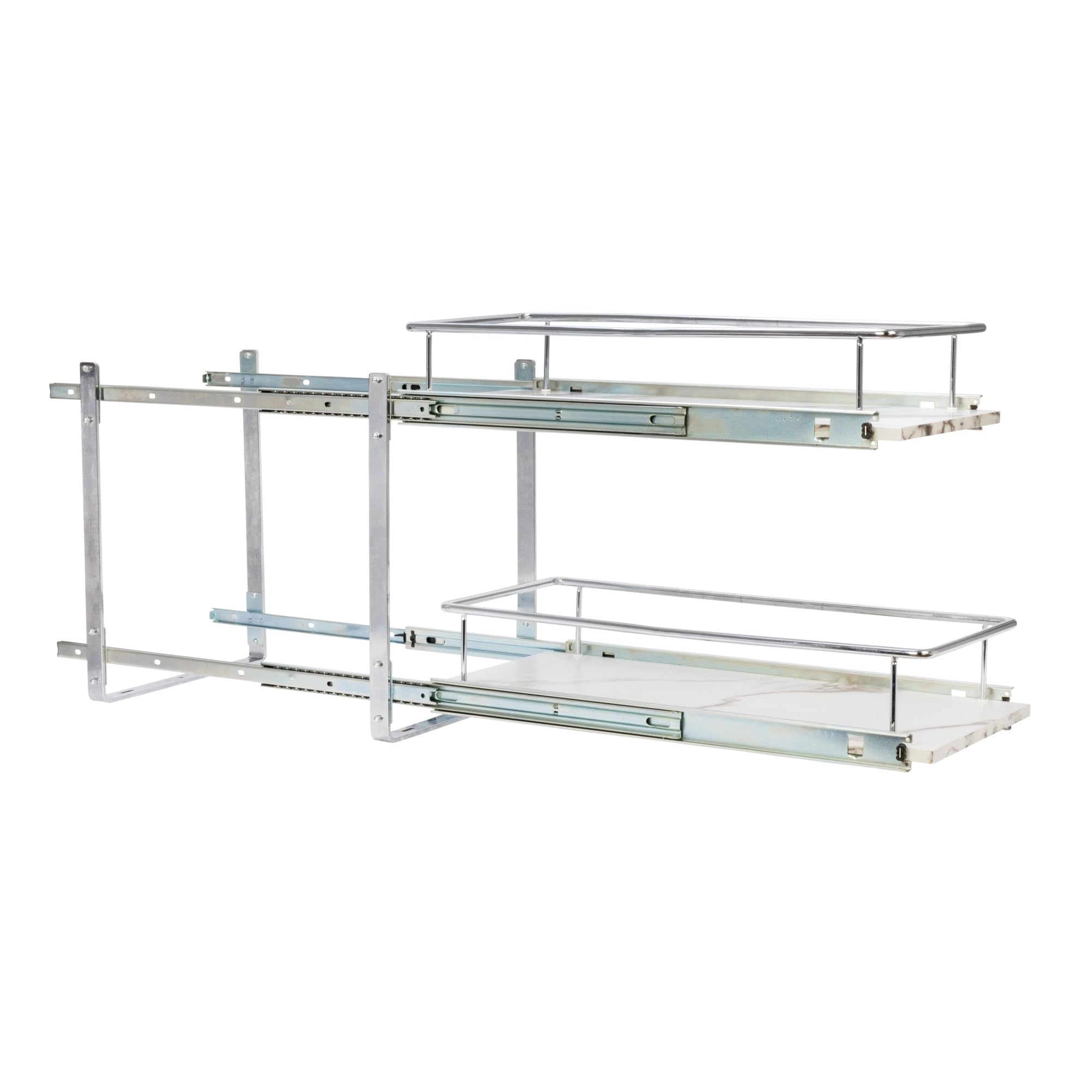 Household Essentials Glidez Chrome-Plated Steel and Faux Marble 2-Tier Pull-Out/Slide-Out Storage Organizer, 11.25" Wide, White and Chrome