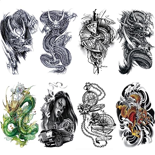 Briyhose Realistic Dragon Temporary Tattoos 8-Sheet Large 3D Fake Tattoo