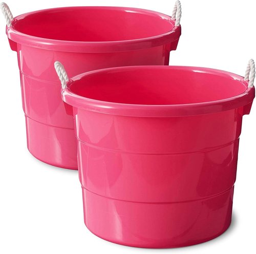 HOMZ 18 Gallon Utility Tub - Large Pink Plastic Storage Bucket with Rope Handles for Indoor/Outdoor Use