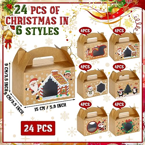Christmas Treat Boxes with Window - 24 Pack, Gable Design, Handle, 6 Styles, 6 x 3.5 x 3.5 Inches