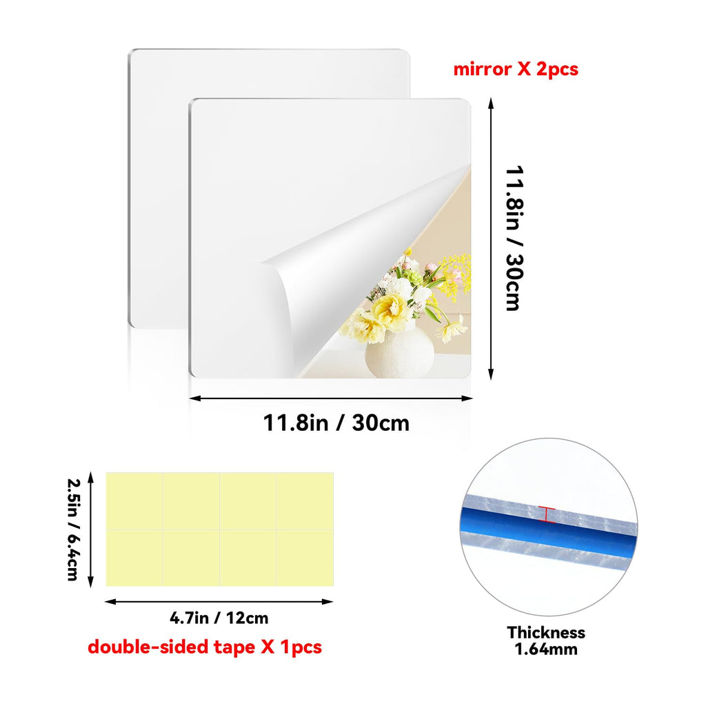 yuntop 2 Pack Self Adhesive Acrylic Mirror, 2MM Flexible Plastic Mirror, Shatterproof PS Frameless Wall Mirror for Bathroom Vanity and Entryway (12 x 12 inch)