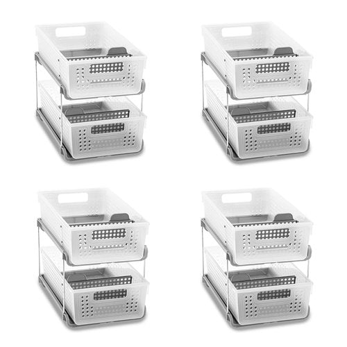madesmart Antimicrobial 2-Tier Organizer, Multi-Purpose Slide-Out Storage with Handles and Dividers for Home and Bath, Frost, Pack of 4