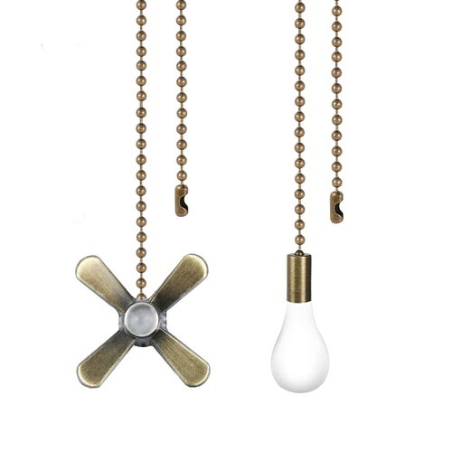 SUR-CIEL 2PCS Ceiling Fan Pull Chain, Bulb and Fan Pattern Pull Chain Extension, Ceiling Fan Pull Chain Extender, Light Fan Pulls Chain with 12 Inches 3mm Diameter Beaded Ball Connector, Bronze