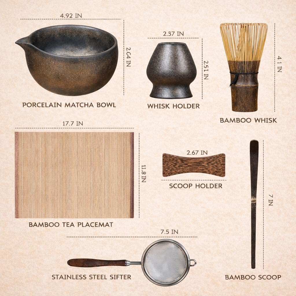Matcha Whisk Set - 7-Piece Complete Kit with Handmade Bowl, 100-Prong Bamboo Whisk & Accessories