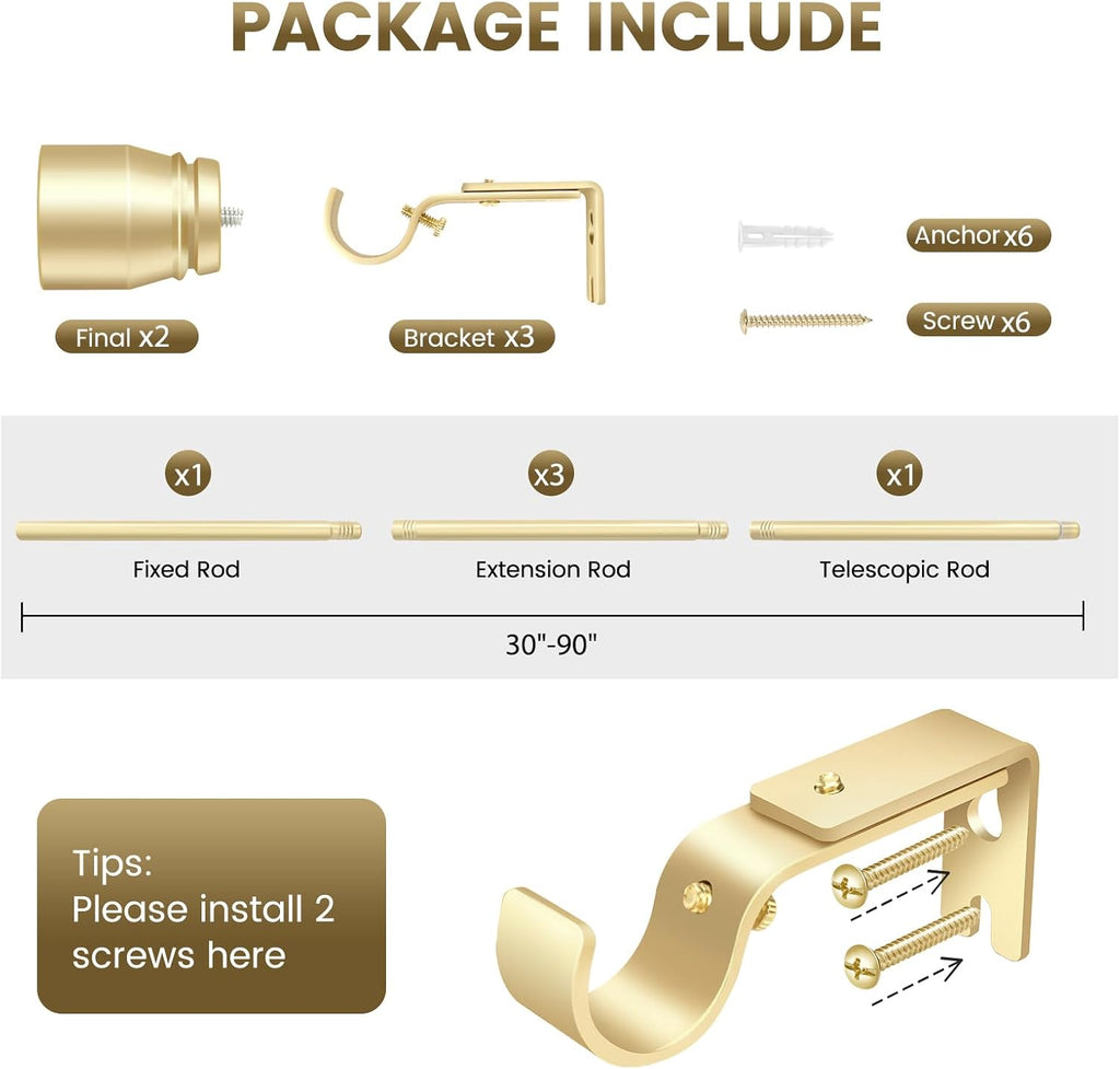 Skiennix 1-Inch Diameter Gold Curtain Rod - Heavy Duty Adjustable 30-90 Inch Length for 30-84 Inch Windows