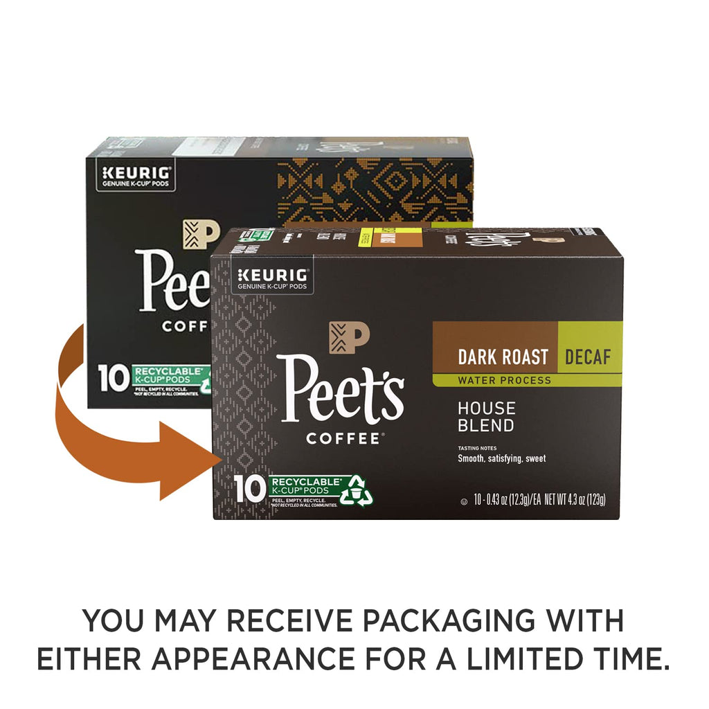 Peet's Coffee, Dark Roast Decaffeinated Coffee K-Cup Pods for Keurig Brewers - Decaf House Blend 10 Count (1 Box of 10 K-Cup Pods) Packaging May Vary