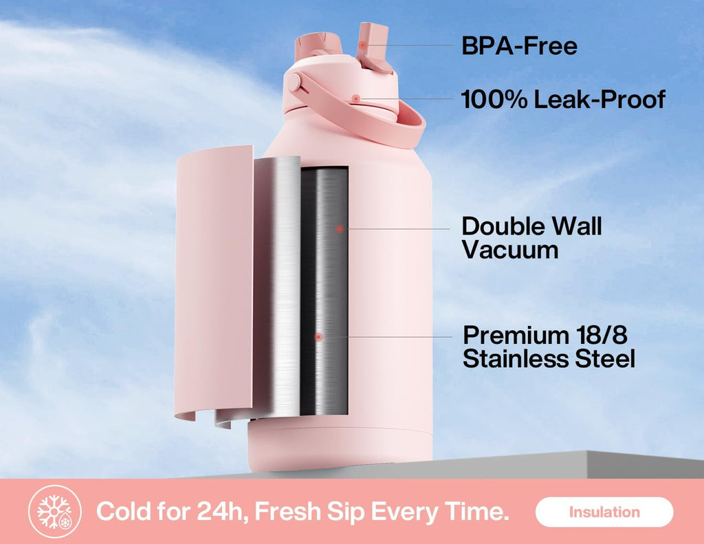 POWCAN 64 oz Insulated Water Bottle - 2-in-1 Straw & Spout Lid | Keeps Drinks Cold 24H, BPA-Free, Cotton Candy