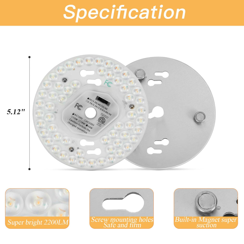 SHENGQINGTOP 5.12'' LED Ceiling Fan Light Retrofit Kit 24W 2200LM Ceiling Light Replacement PCB Board 5CCT 3000K 3500K 4000K 5000K 6000K Adjustable 120V CRI80 Dimmable