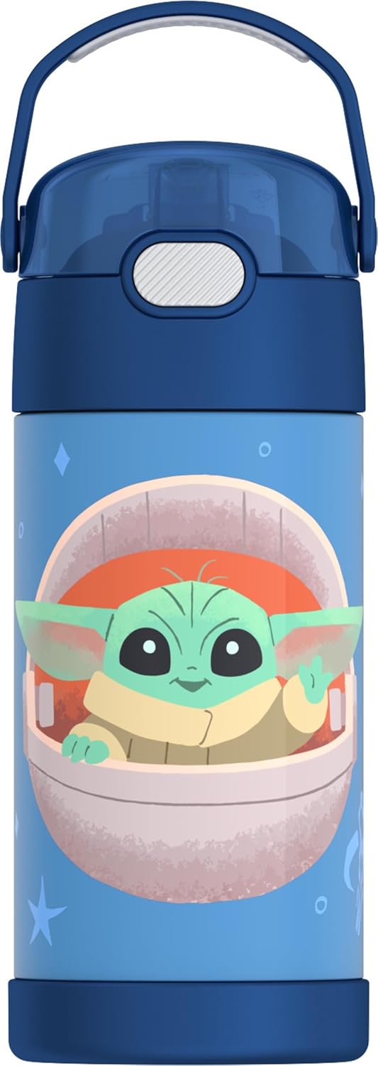 THERMOS FUNTAINER Water Bottle - 12 Ounce Kids Stainless Steel Vacuum Insulated with Straw | Mandalorian The Child
